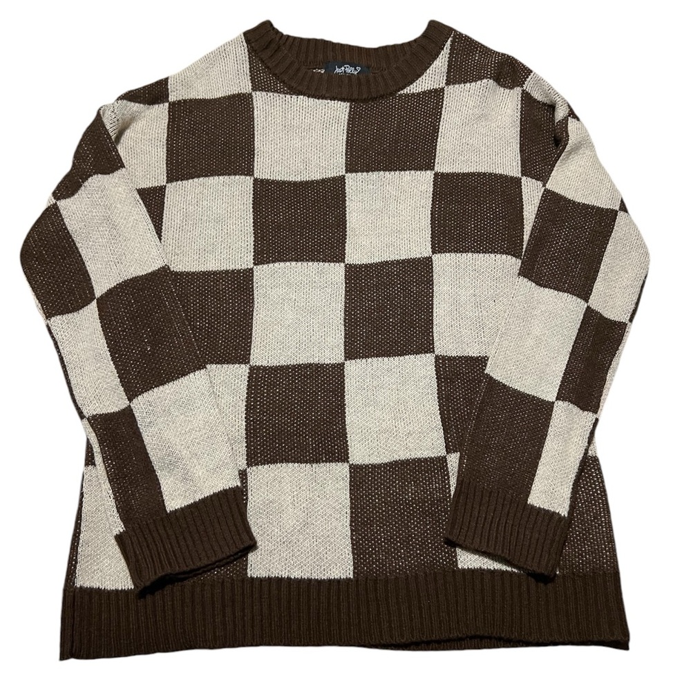 Just Polly Checkered Brown & Cream Colored Sweater